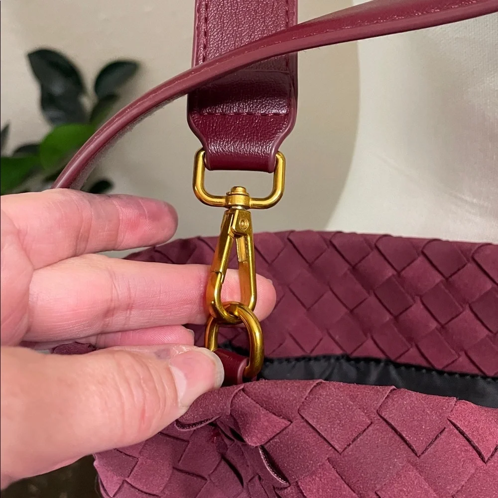 Burgundy faux, leather woven tote